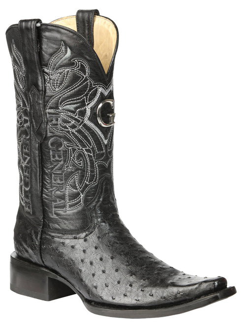El General Men's Exotic Ostrich Leather Cowboy Boots - Black 45075