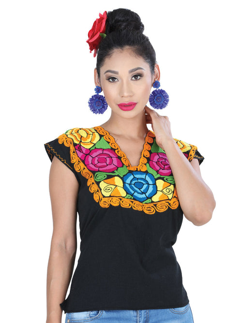 Artisanal Embroidered Blouse 100% Cotton Black/Orange 601404