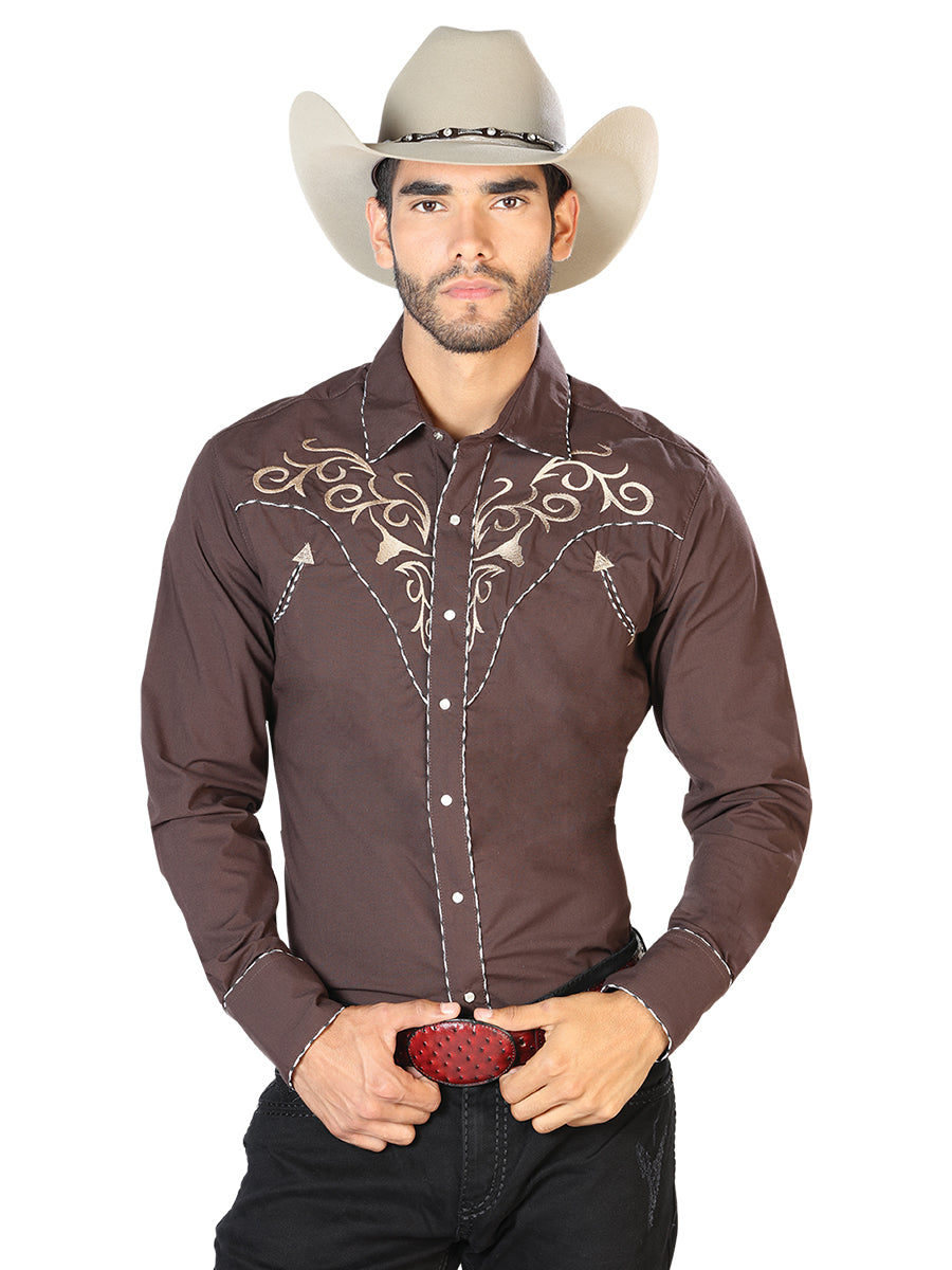 Camisa vaquera El General bordado marrón/oro 42891