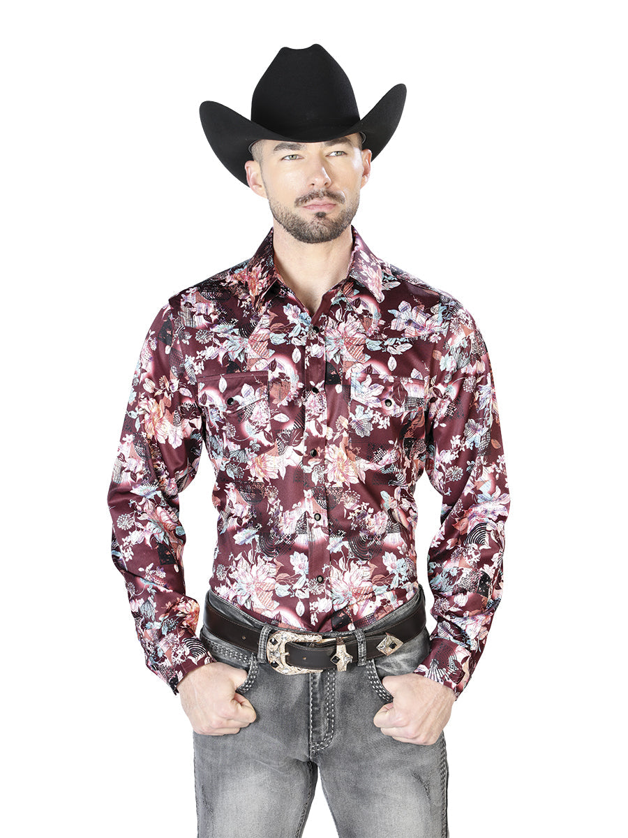 Camisa Casual de Manga Larga con Estampado Floral en Color Vino y Beige 43936