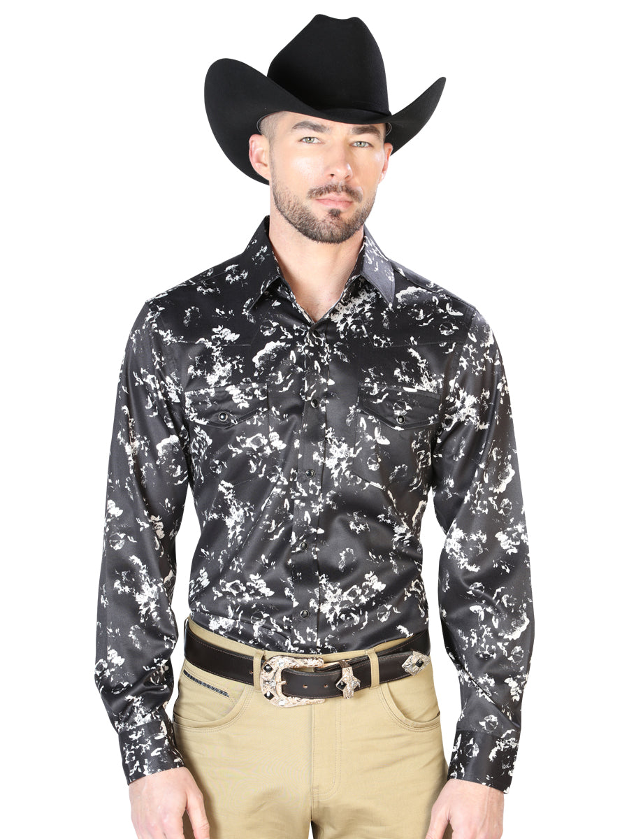 Camisa Informal de Manga Larga Negra y Beige 43946