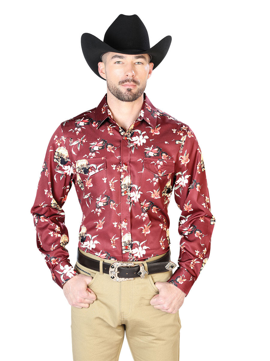 Camisas casuales de manga larga con estampado floral burdeos 43951