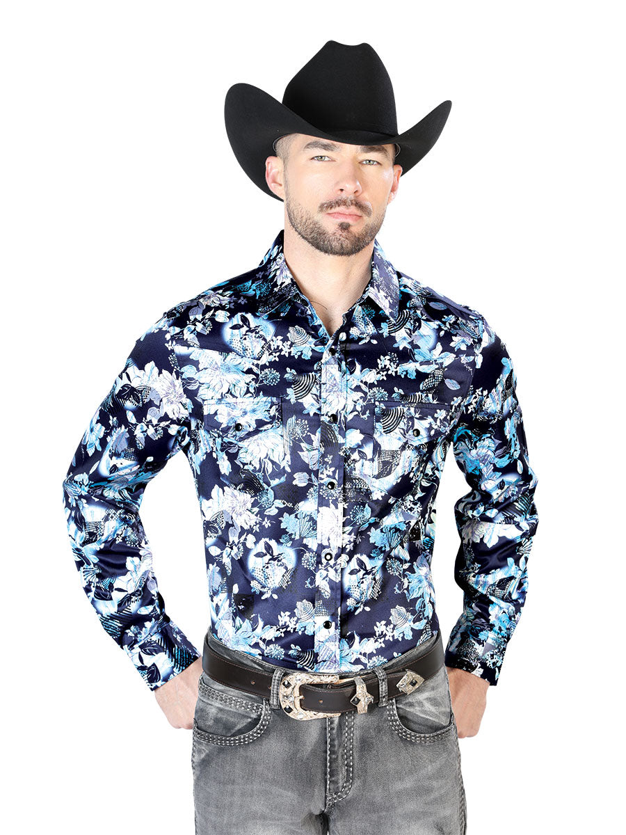 Camisa casual de manga larga con estampado de flores azules 43958