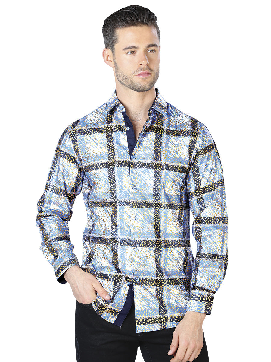 Camisa informal de manga larga azul y amarilla 44010