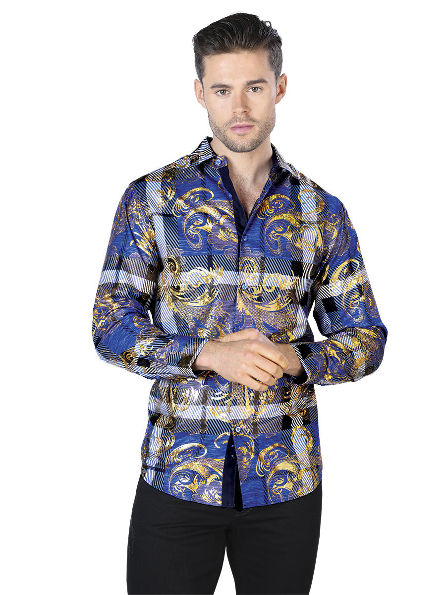 Camisa informal de manga larga con estampado dorado y azul 44023