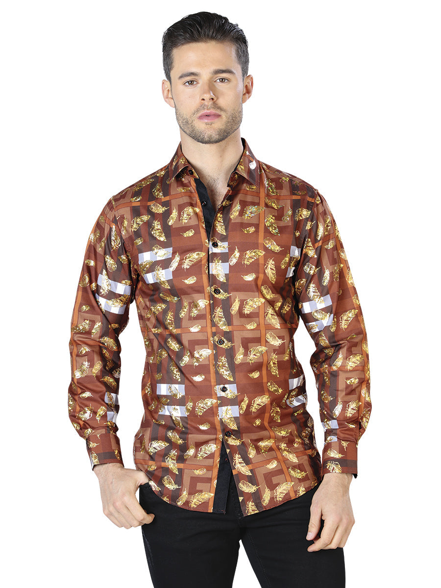 Camisa Casual de Manga Larga Marrón y Dorada 44024