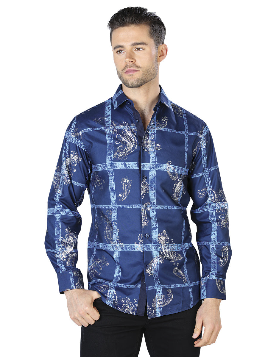 Camisa casual de manga larga azul marino y plata 44026