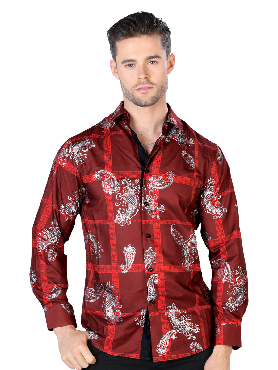 Camisa informal de manga larga color vino y plata 44027