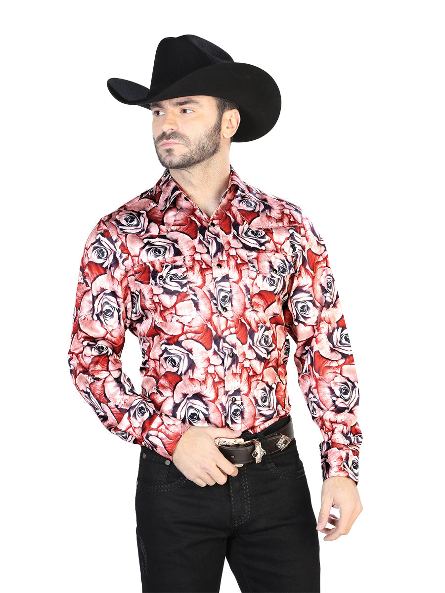 Camisa roja de manga larga informal con rosas 44068