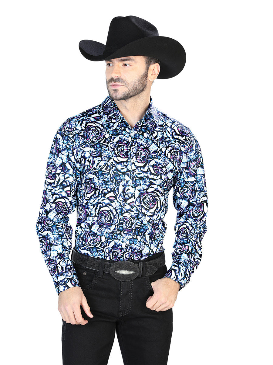 Camisa informal de manga larga con estampado de rosas azules 44069