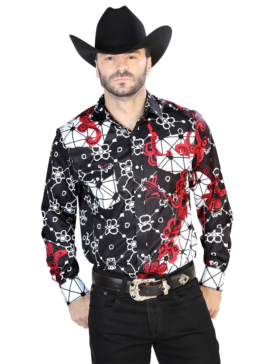 Camisa informal de manga larga negra y roja 44076