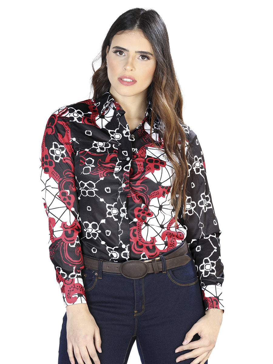 Camisa de manga larga estampada en negro y borgoña 44078