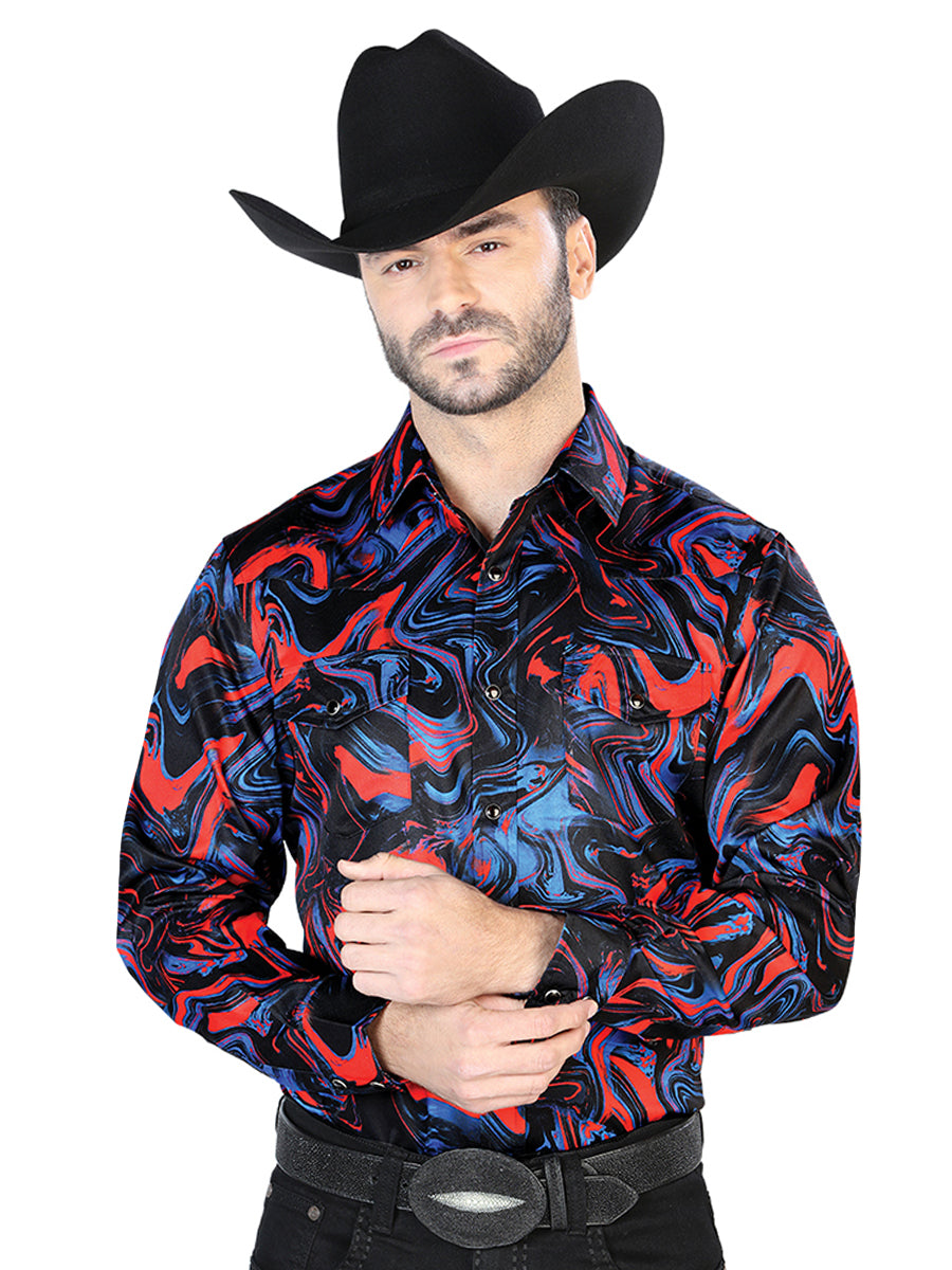 Camisa informal de manga larga azul y roja 44080