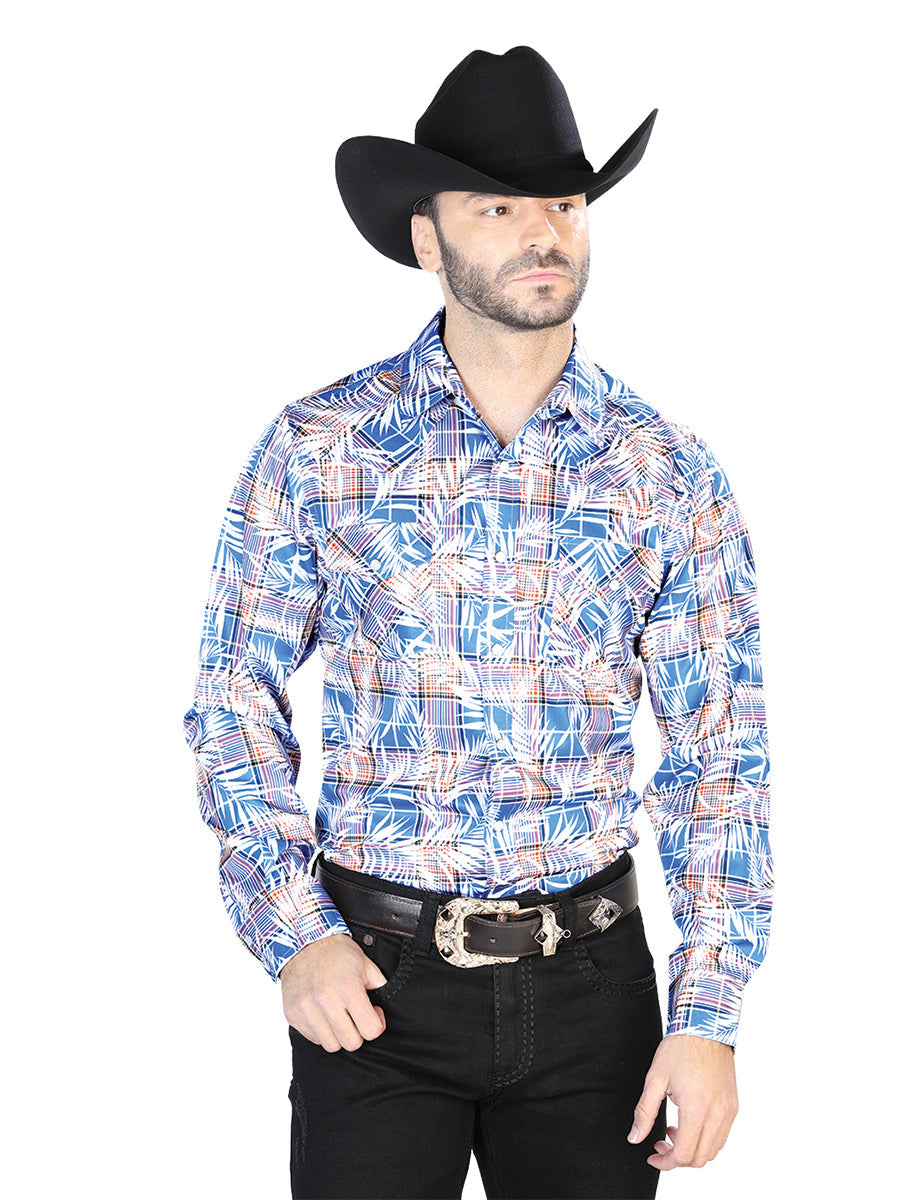 Camisa de manga larga informal azul y blanca 44086