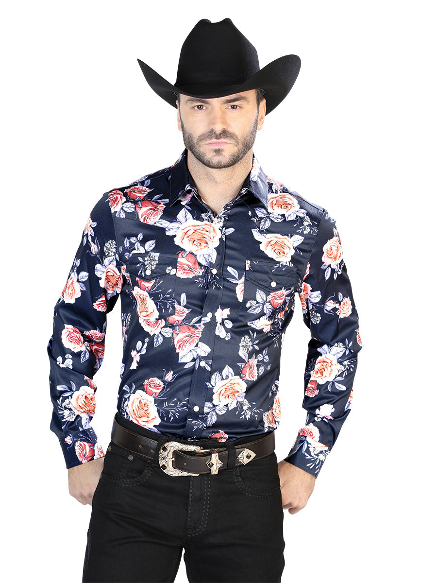 Camisa informal de manga larga azul marino/rosas 44089