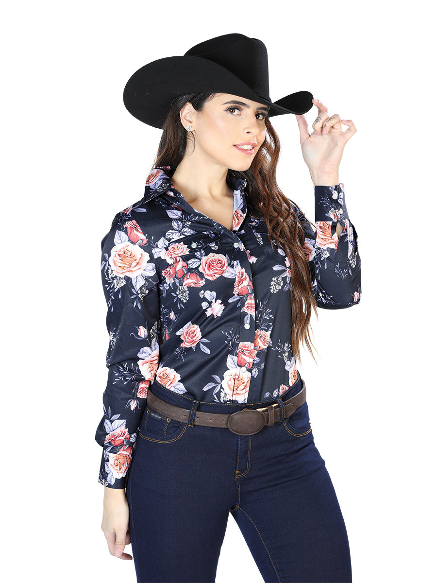 Women’s Western Floral Snap Button Shirt – Blue Rose Print
