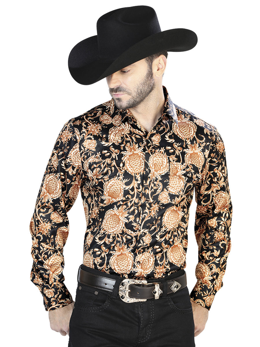 Camisa casual de manga larga dorada y negra 44092