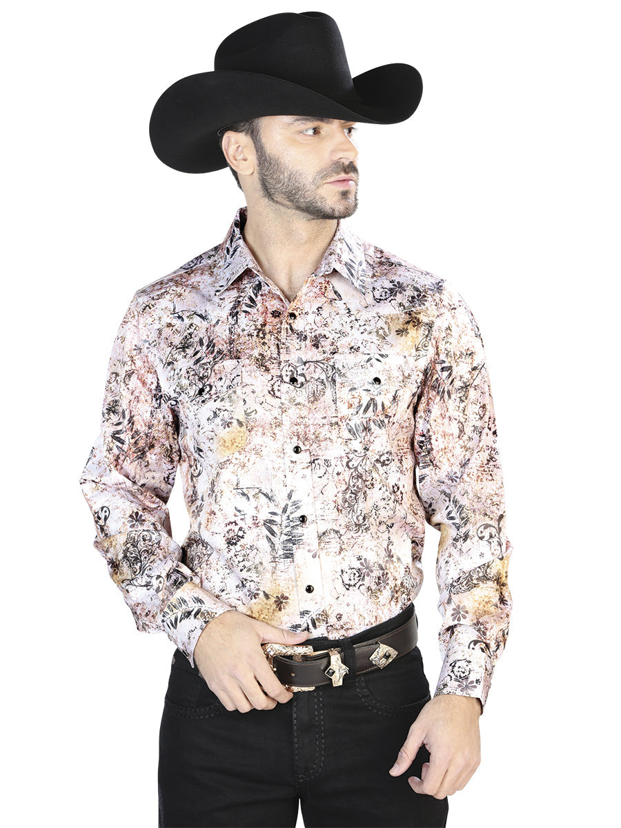 Camisa informal de manga larga blanca y marrón 44093