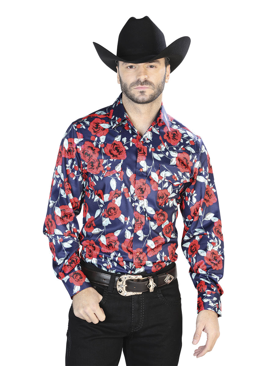 Camisa Azul con Estampado de Rosas de Manga Larga Casual 44098