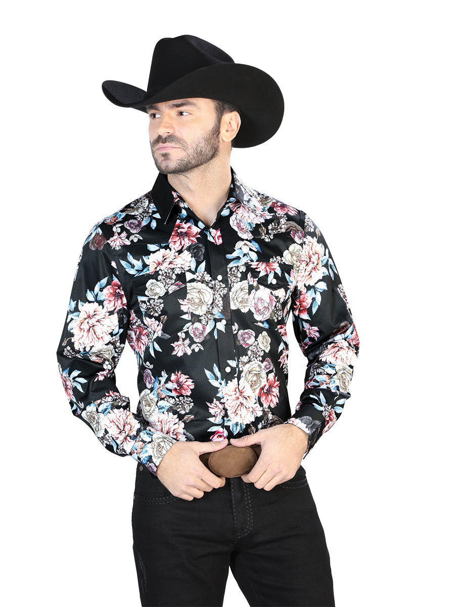 Camisa informal de manga larga con rosas negras/estampadas 44111
