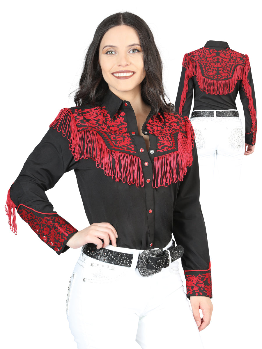 Blusa estilo western para mujer con flecos negros bordados 44178
