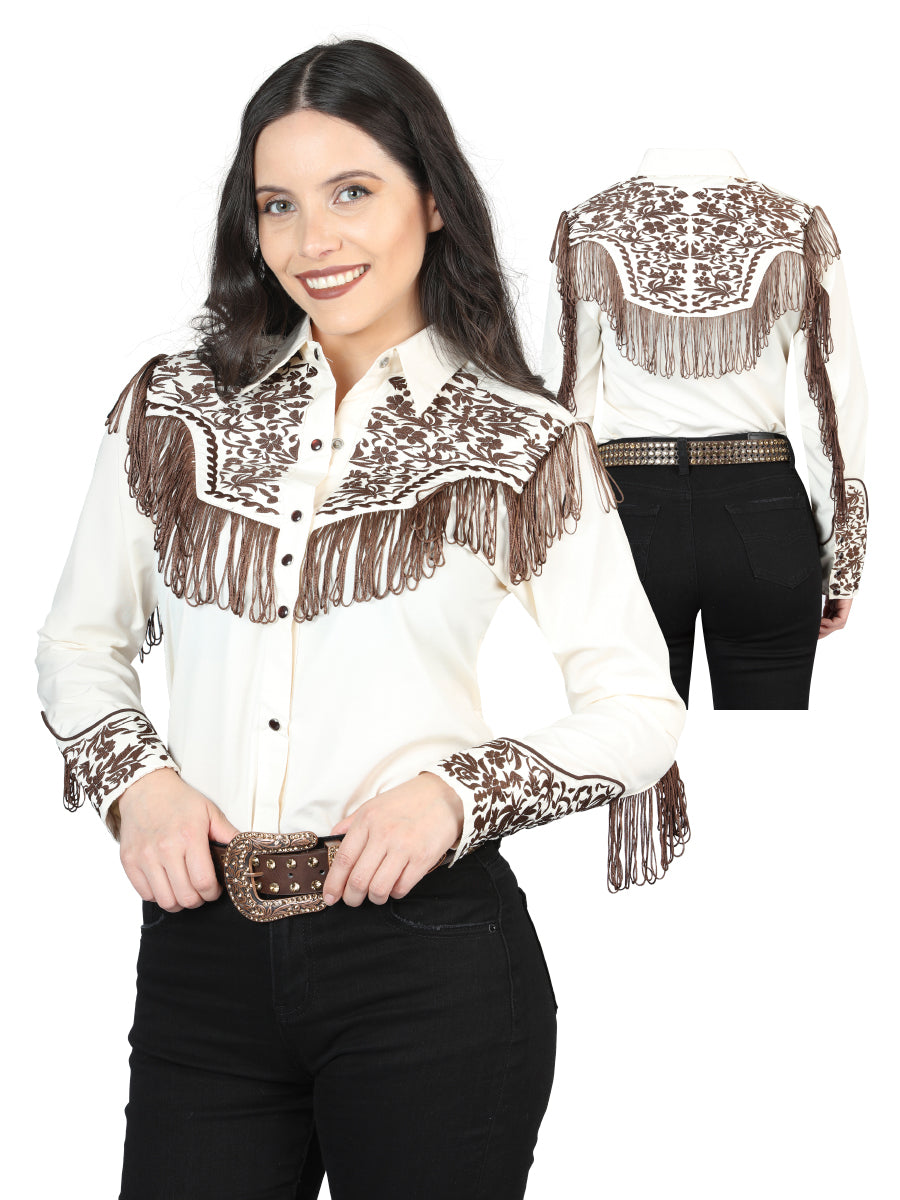 Blusa Estilo Western Bordada Beige con Flecos para Mujer 44180