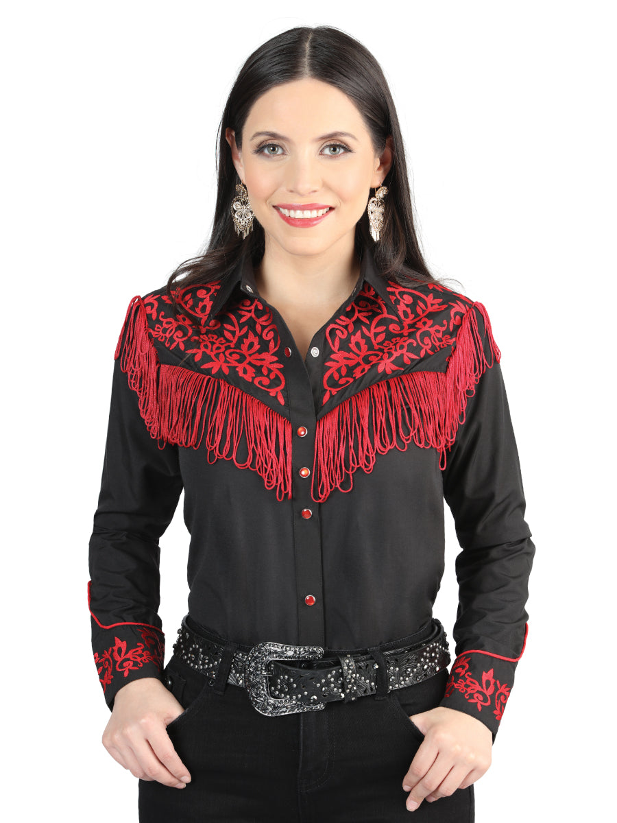 Blusa vaquera bordada negra con flecos para mujer 44181