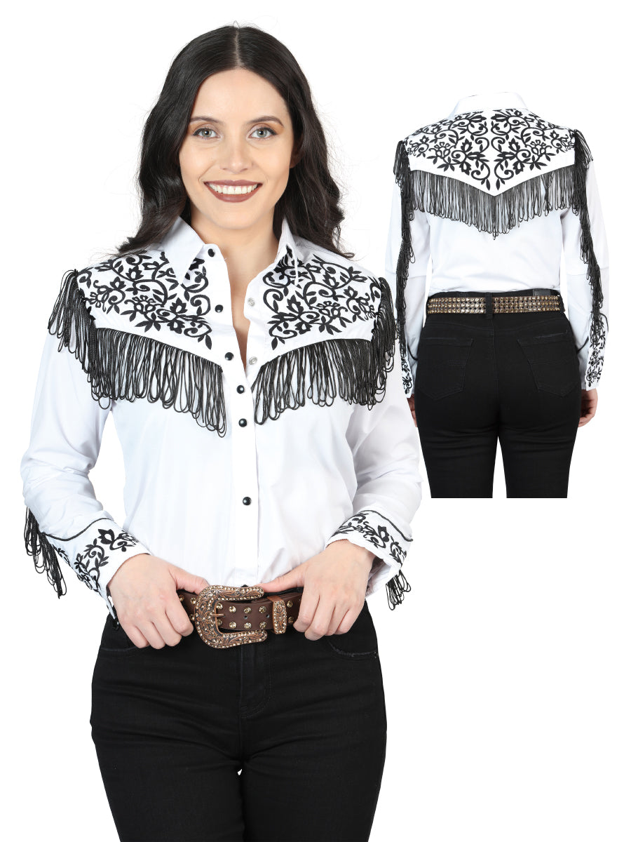 Blusa para mujer con flecos bordada estilo occidental blanca 44182