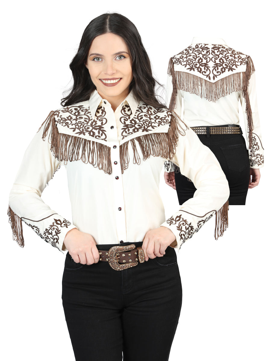 Blusa vaquera bordada beige con flecos para mujer 44183