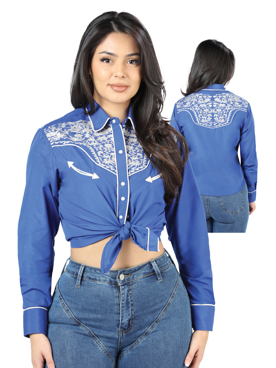 Blusa estilo western para mujer bordada en azul real 44185