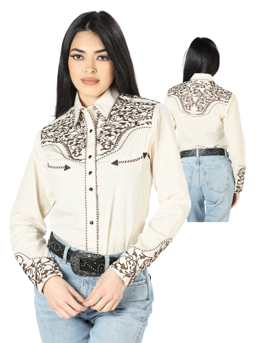 Blusa vaquera beige bordada para mujer 44191