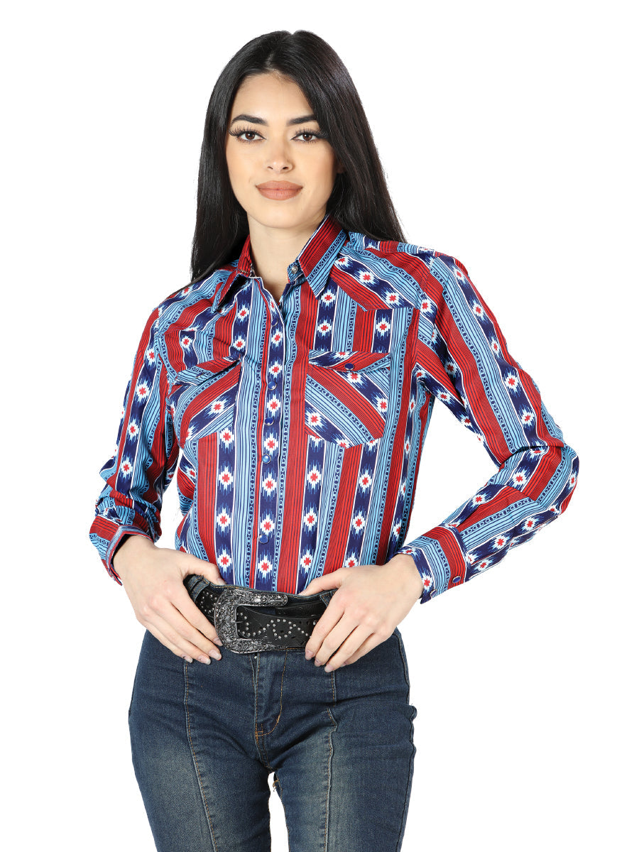 Camisa western de manga larga azul para mujer 44213