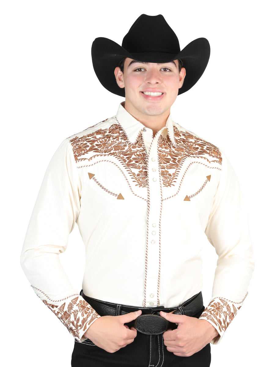 Camisa Bordada El Señor De Los Cielos Beige/Camel Oscuro 44336