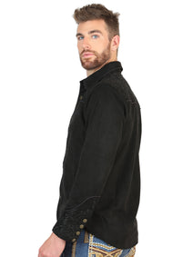 El General Men’s Long Sleeve Western Shirt - Black/Black Embroidery  45653