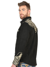 El General Men’s Long Sleeve Western Shirt - Black/Gold Embroidery  45654