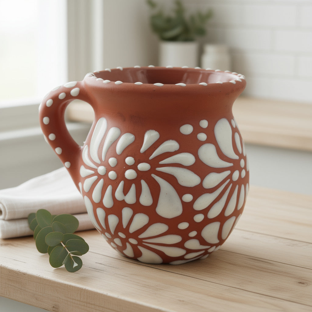 Jarra de barro Jarrito | Taza de cerámica artesanal mexicana con relieve