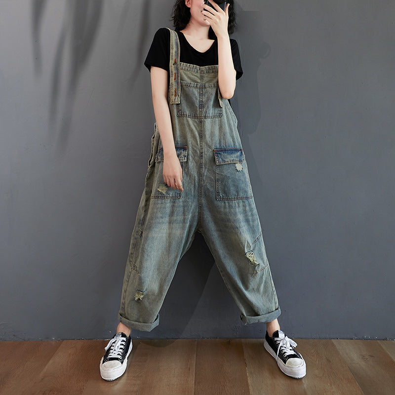 Petos vaqueros desgastados estilo retro nostálgico de verano para mujer