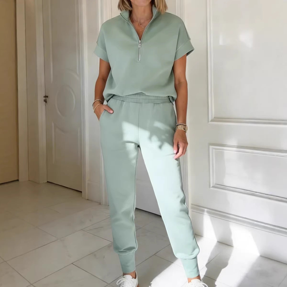 Conjunto de camiseta de manga 3/4 y pantalón de punto athleisure – 3 colores, S–3XL
