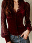 Blusa de manga larga con cuello de pico y ribete de encaje de terciopelo para mujer