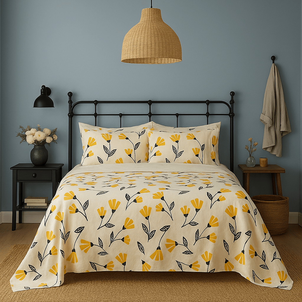 Juego de sábanas ajustables y planas DaDa Bedding amarillas con diseño floral dorado anaranjado y marfil (18112)