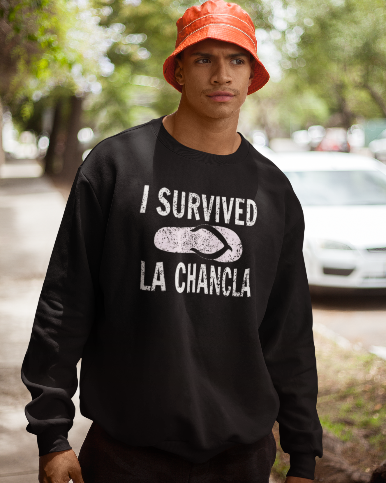 I Survived La Chancla Fleece-Lined Crewneck Sweater | Chancleta Joke Design Latino Pride Funny Viral | 3 Colors