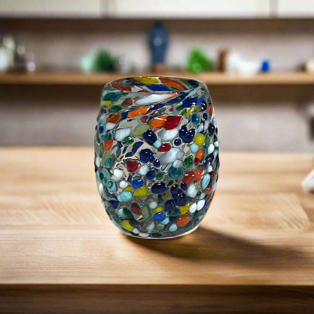 Vaso tequilero mexicano redondeado | Cristalería mexicana soplada artesanalmente con confeti