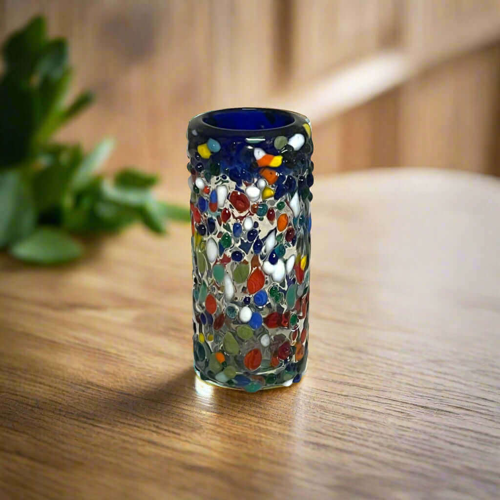 Vaso de chupito doble Confeti | Soplado a mano con borde azul mexicano