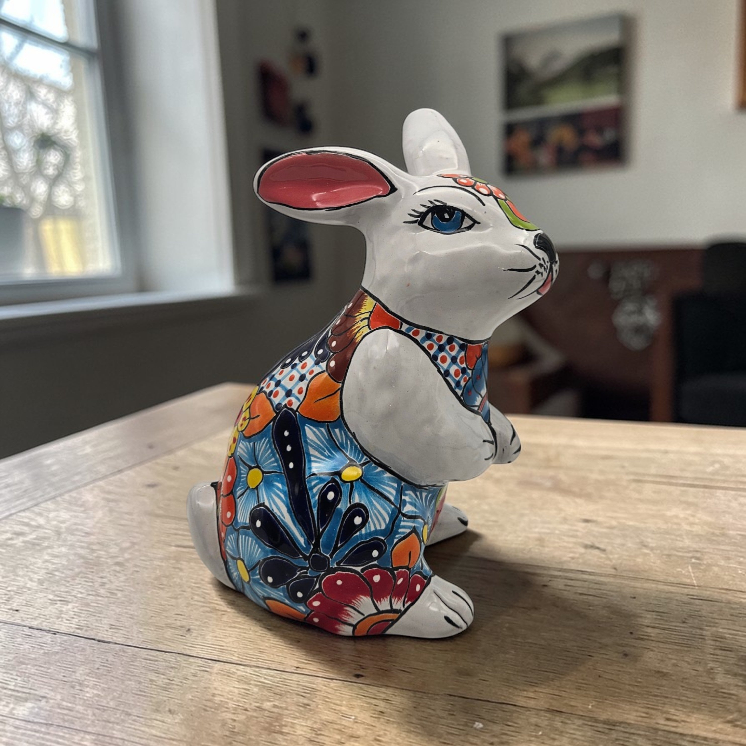 Estatua de conejo de Talavera | Decoración mexicana de conejo colorida pintada a mano