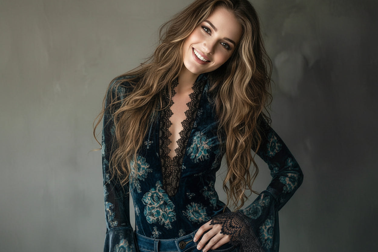 Blusa retro para mujer con panel de encaje y cuello en V – Top elegante de manga acampanada con estampado para primavera y otoño
