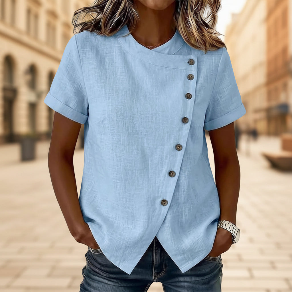 Top de lino y algodón para mujer con cuello cruzado y bajo asimétrico – Corte holgado