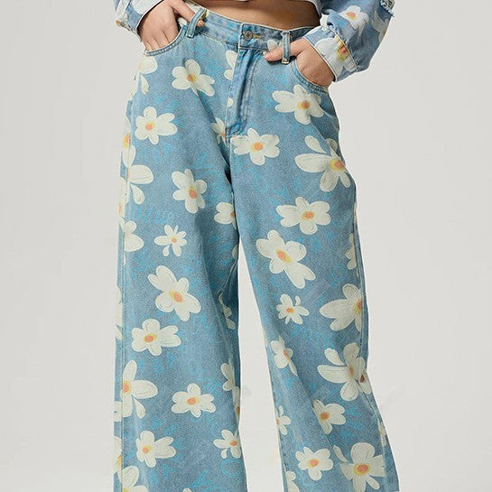 Vaqueros Rectos Estampados Florales Vintage para Mujer