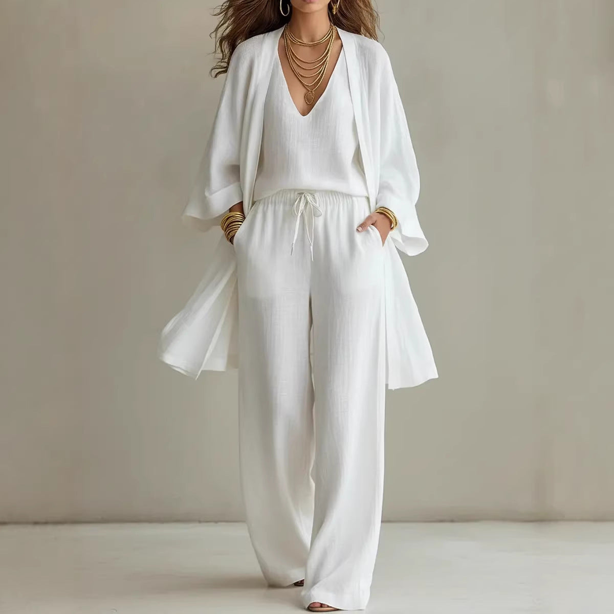 Conjunto de tres piezas para mujer: cárdigan con cuello en V, chaleco con bolsillos y pantalón largo