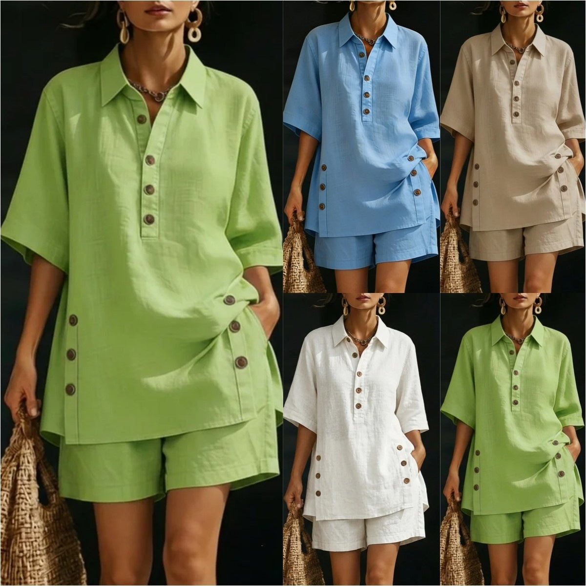 Conjunto de dos piezas de camisa de manga corta y pantalón holgado – 4 colores, S–5XL