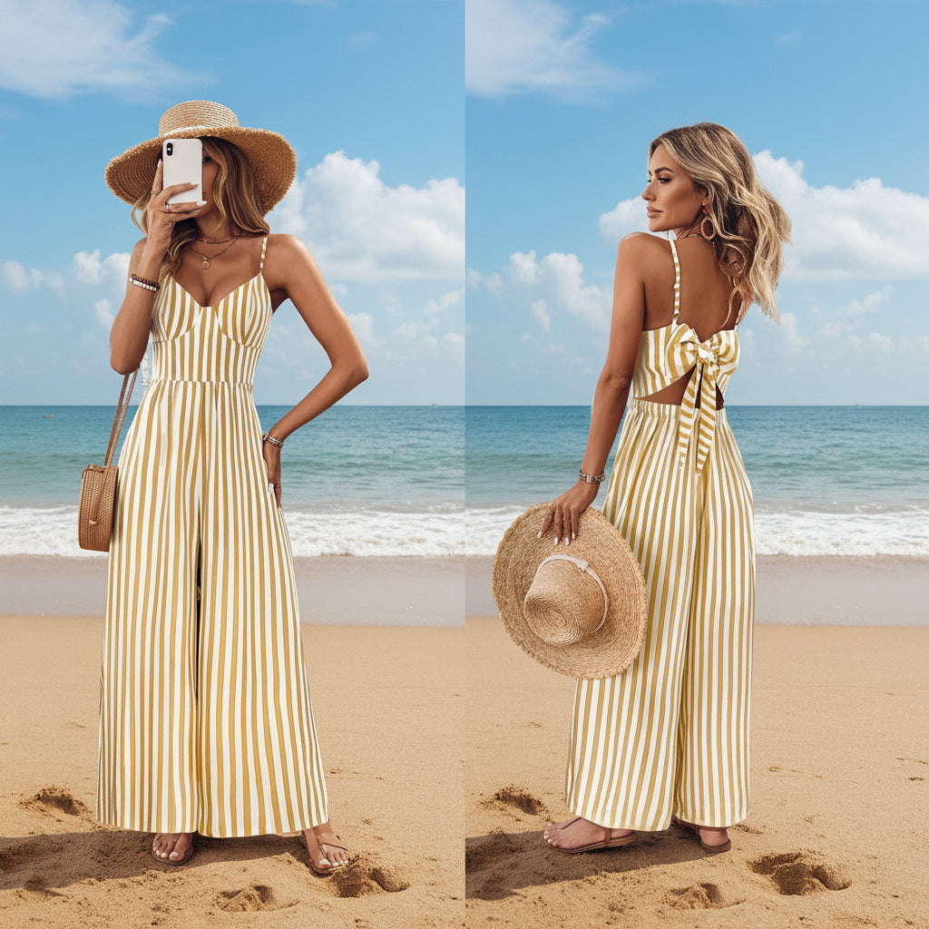 Mono estampado sin espalda sin mangas con tirantes | Amarillo jengibre